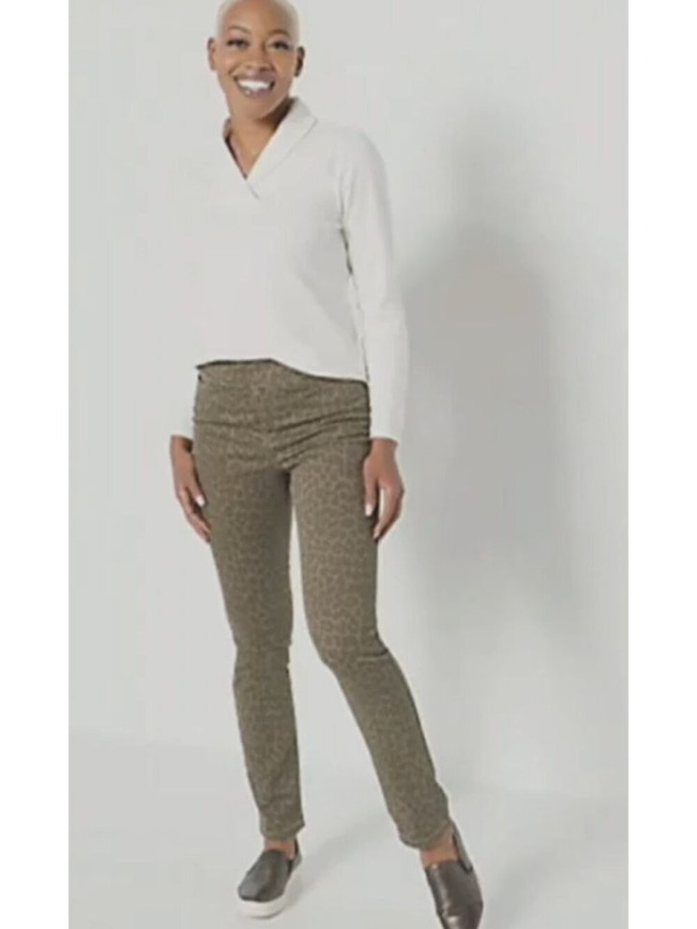 Denim and Co Jeans Medium Printed Comfy Knit Regular Slim Straight Olive NEW